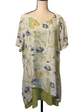 Serengeti Women’s 1X Floral Tunic Top Layered Asymmetrical Hem Green Plus Size